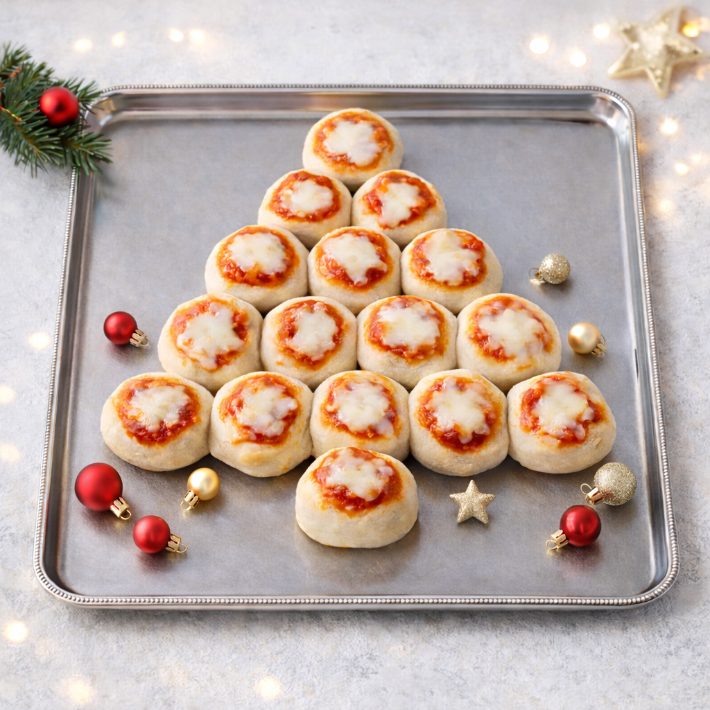 Albero di Natale di pizzette soffici su vassoio