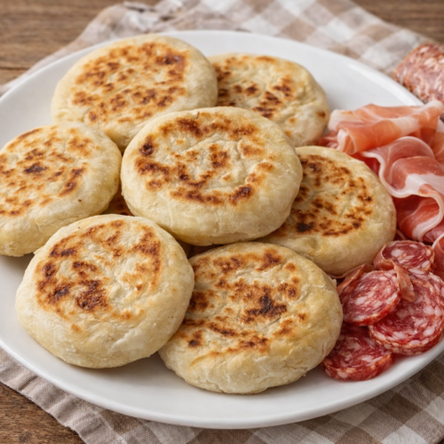 Focaccine in padella dorate servite su piatto con prosciutto crudo e salame