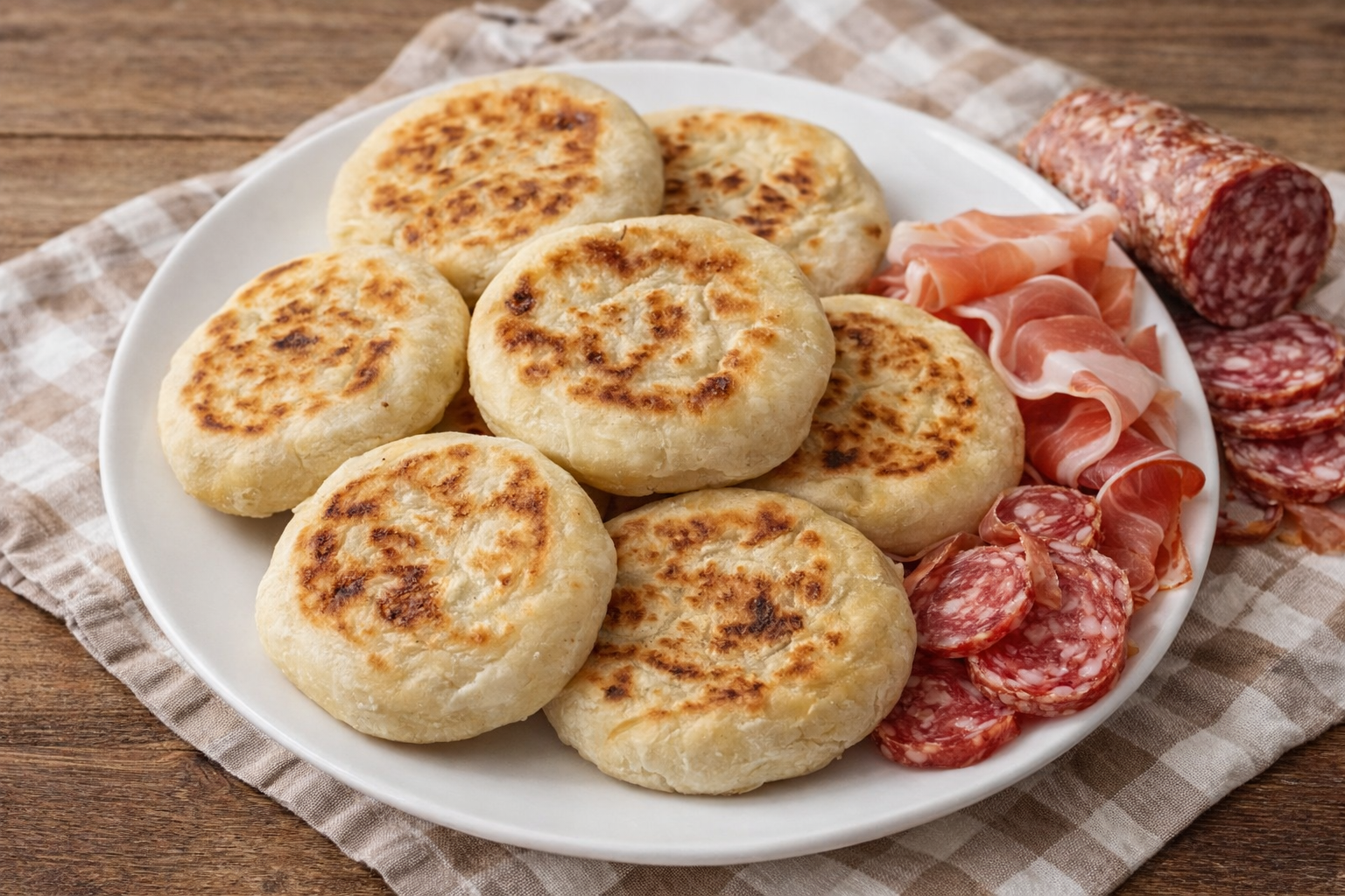 Focaccine in padella dorate servite su piatto con prosciutto crudo e salame