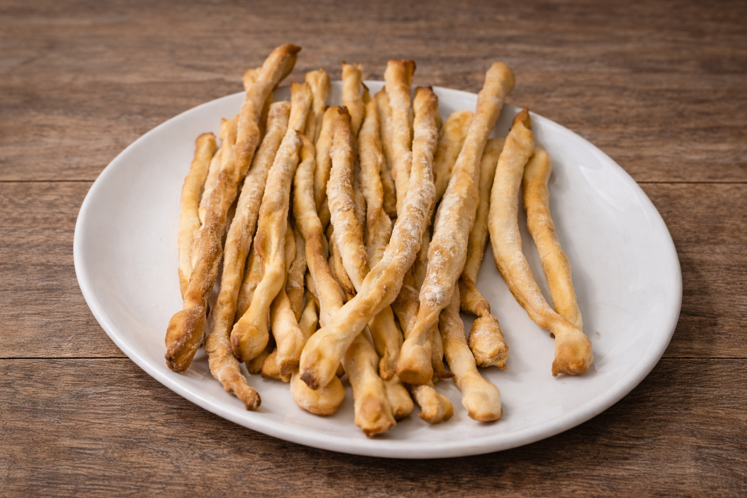 Grissini fatti in casa croccanti su piatto bianco