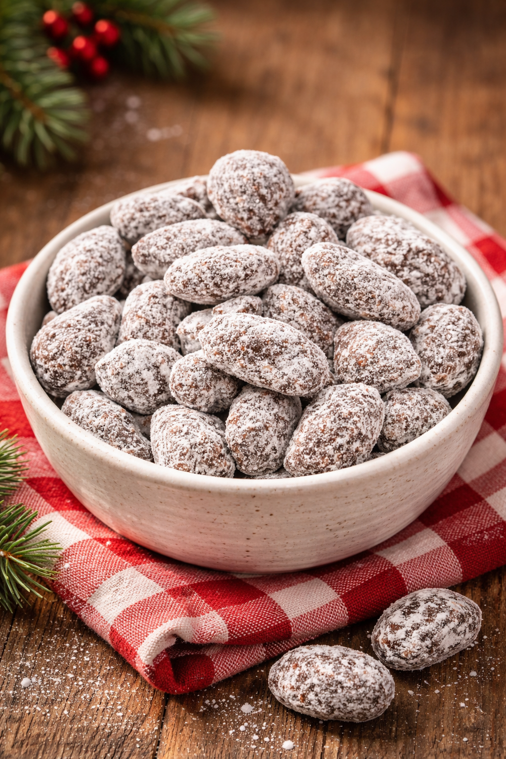 Mandorle al cioccolato fondente ricoperte di zucchero a velo e cannella in una ciotola su tavolo di legno