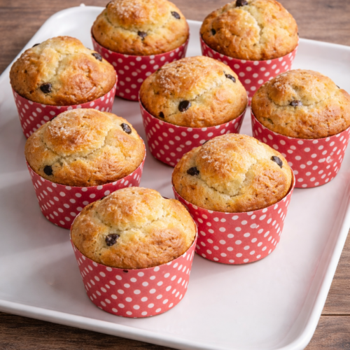 Muffin al gusto panettone soffici con gocce di cioccolato e uvetta, disposti su vassoio bianco