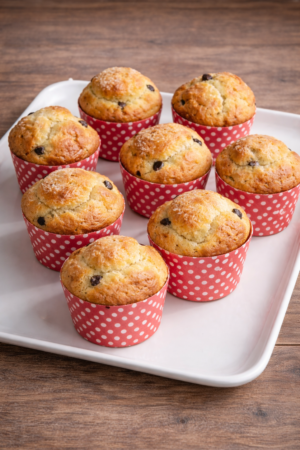 Muffin al gusto panettone soffici con gocce di cioccolato e uvetta, disposti su vassoio bianco