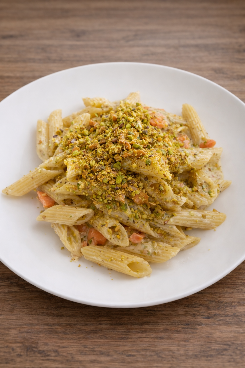 Pasta al mascarpone con pistacchi, salmone affumicato e scorza di limone servita su piatto bianco