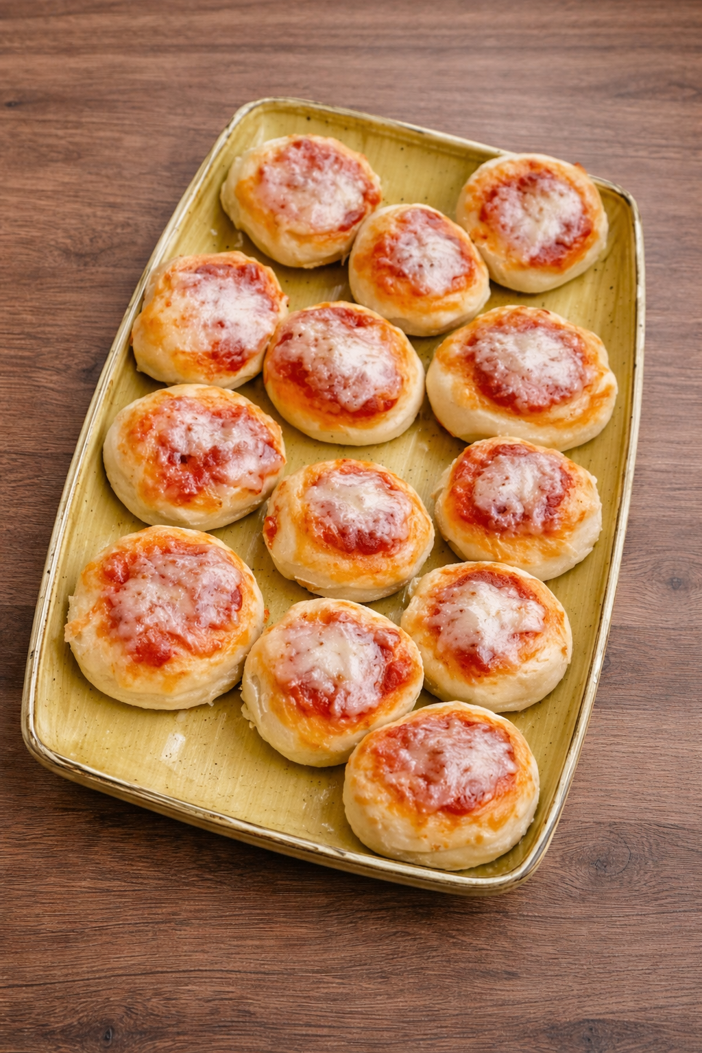 Pizzette allo yogurt senza glutine con pomodoro e mozzarella, servite su vassoio su tavolo in legno