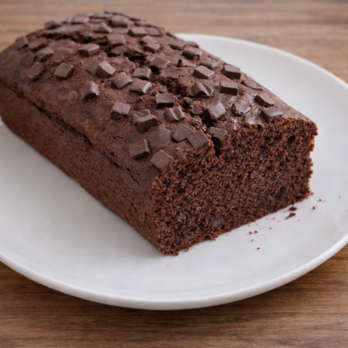 Plumcake al cacao fatto in casa con gocce di cioccolato, soffice e alto, servito su piatto bianco