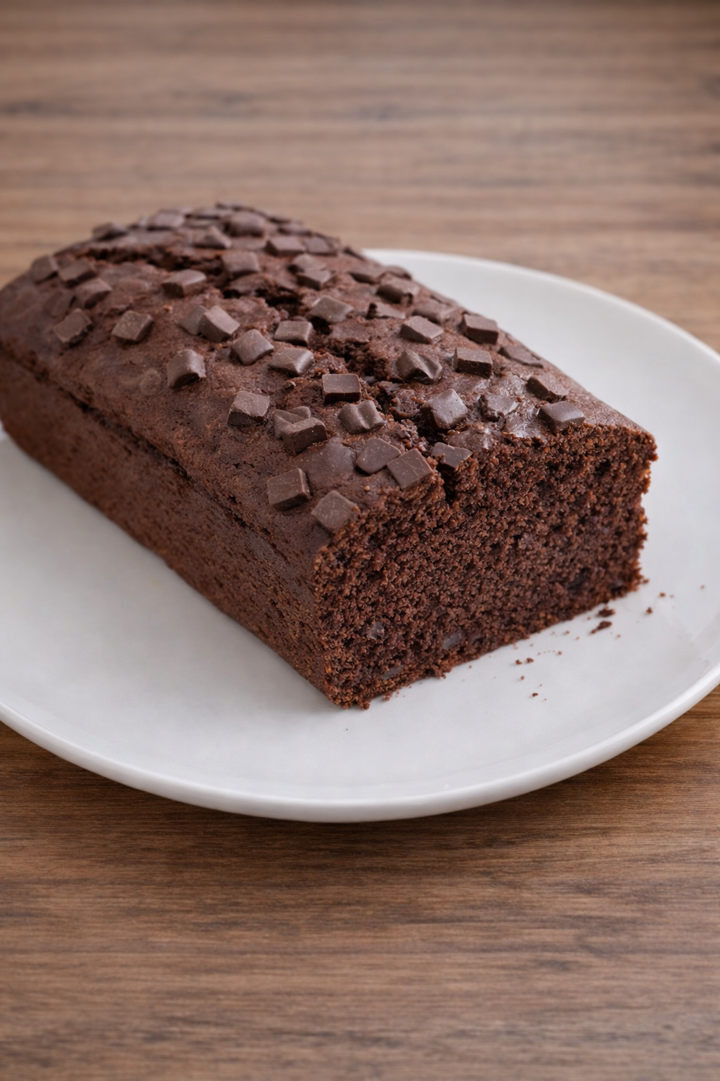 Plumcake al cacao fatto in casa con gocce di cioccolato, soffice e alto, servito su piatto bianco
