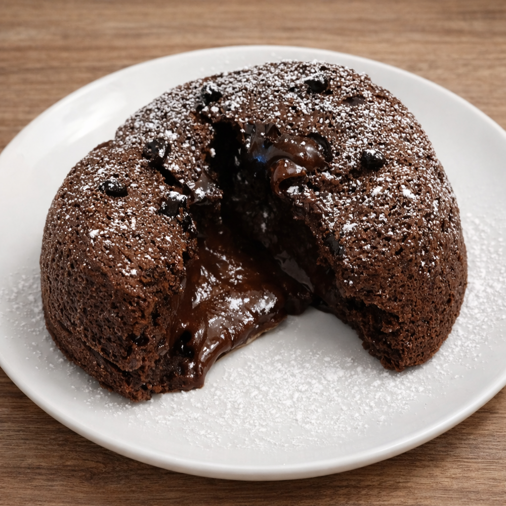 Tortino al cioccolato con cuore morbido e colata di cioccolato fuso, spolverato con zucchero a velo, servito su piatto bianco