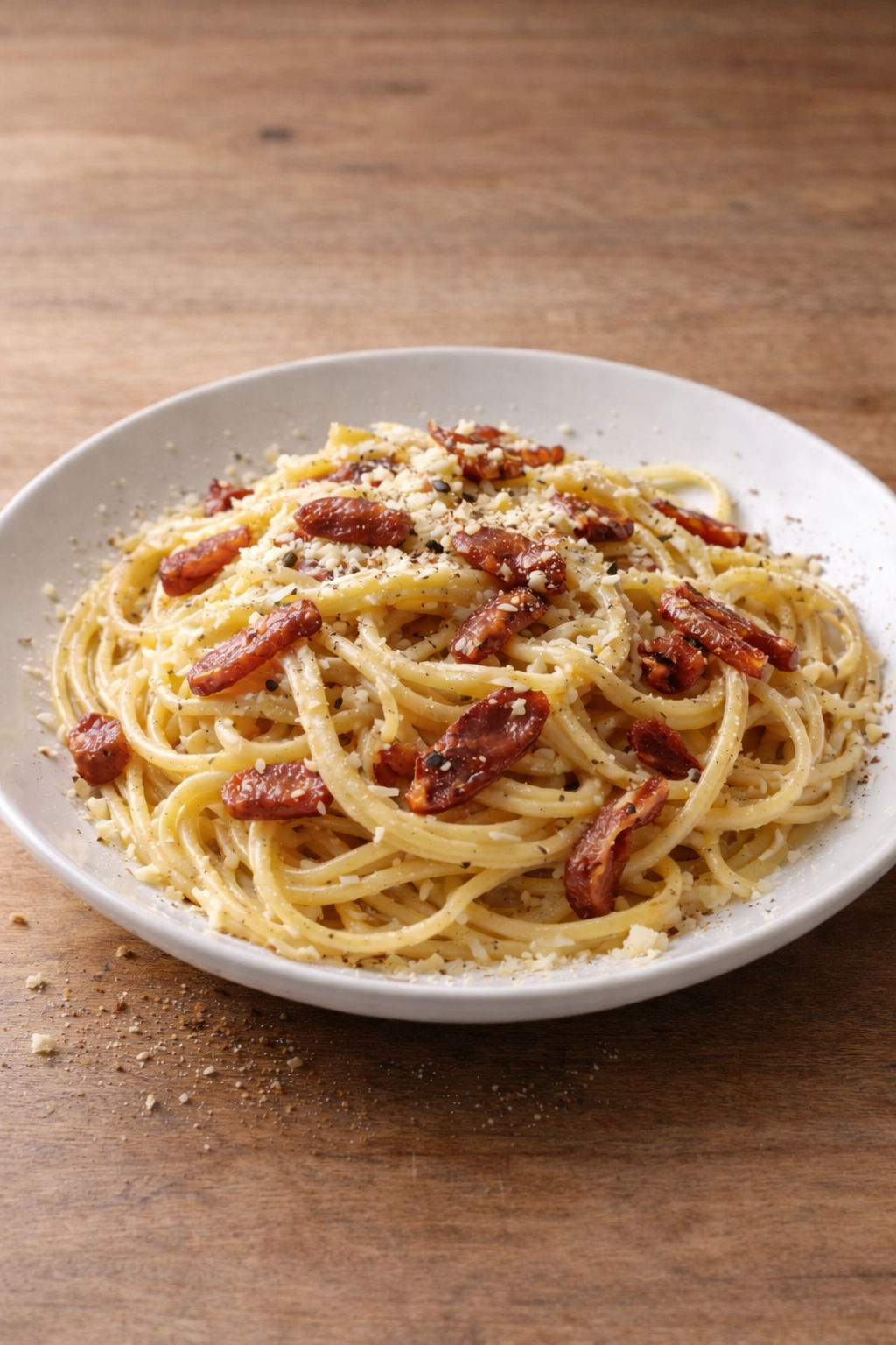 Pasta alla carbonara cremosa con guanciale croccante su piatto bianco