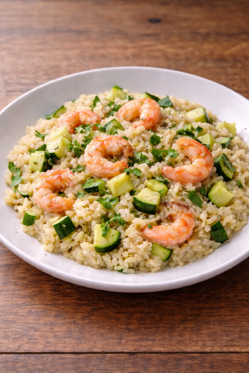 Risotto cremoso zucchine e gamberetti su piatto bianco