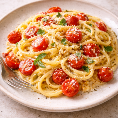 Pasta ai pomodorini con crema servita in un piatto bianco