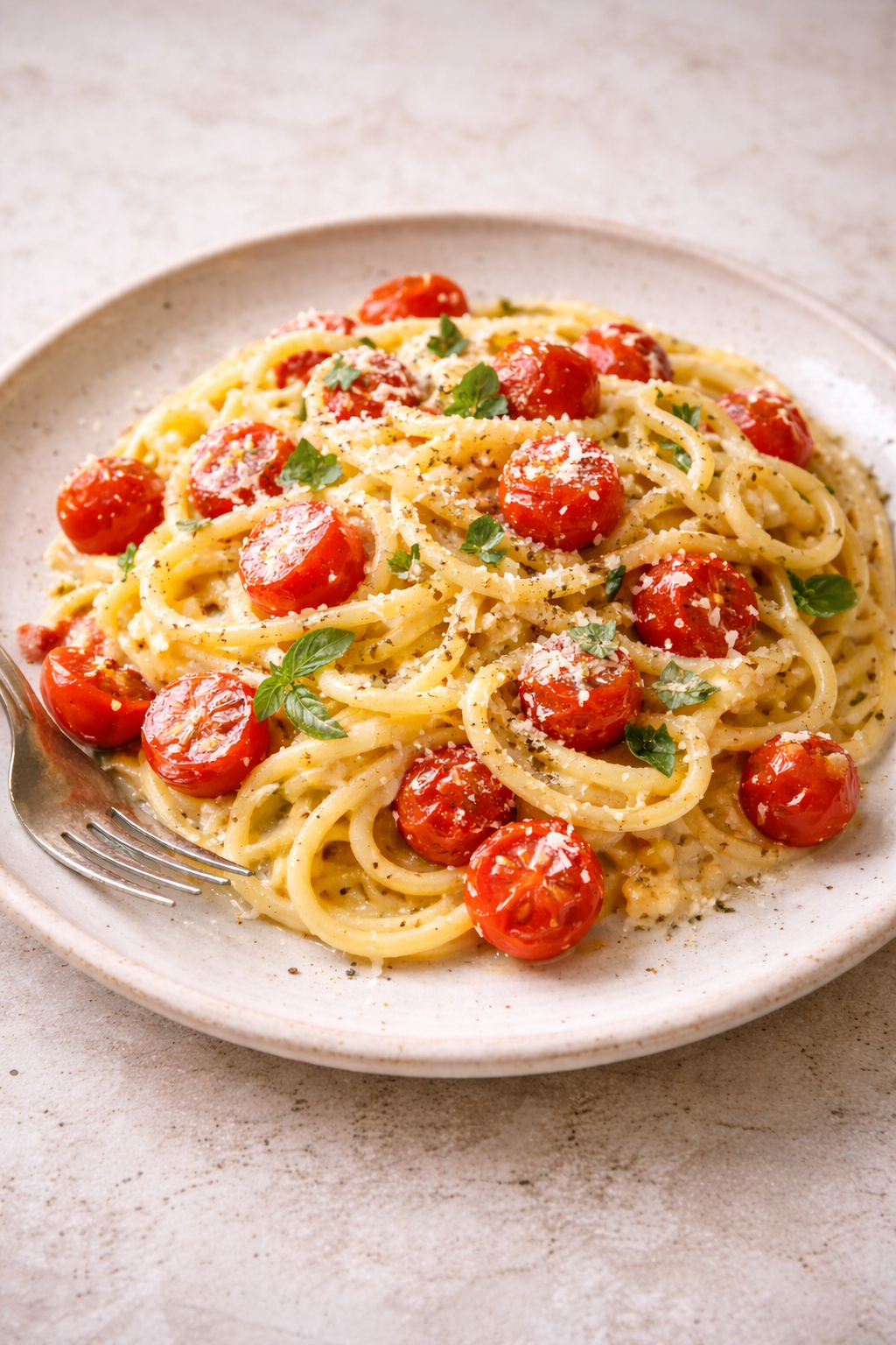 Pasta ai pomodorini con crema servita in un piatto bianco
