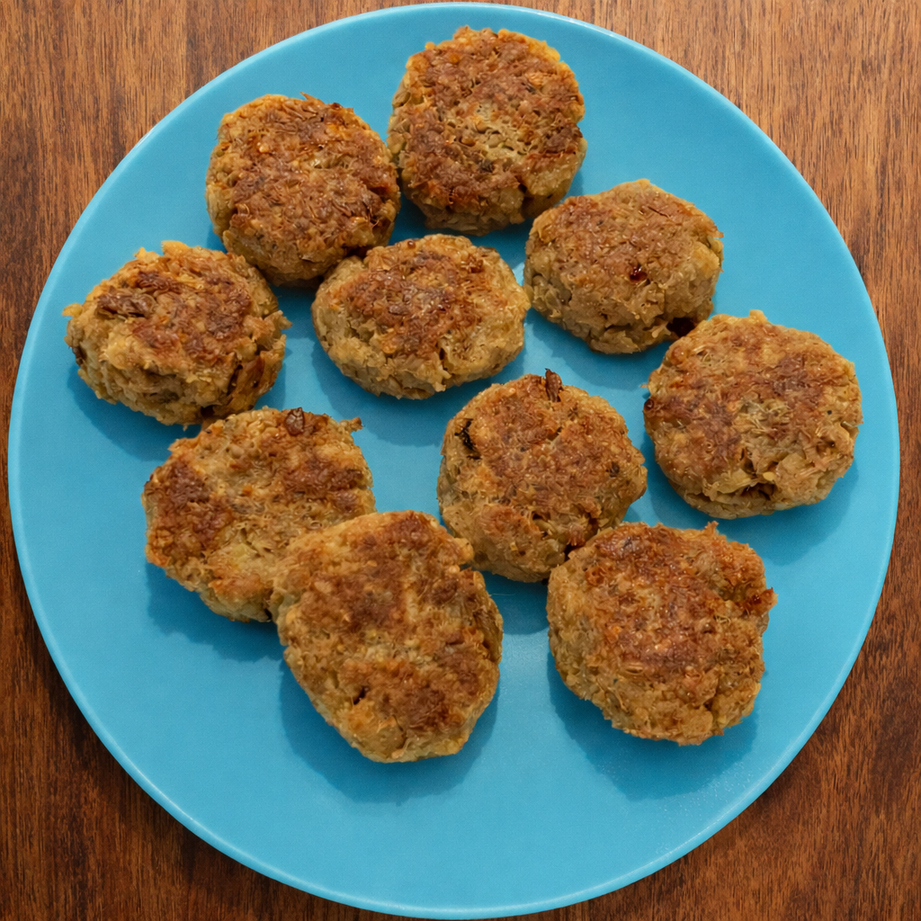 Polpette di tonno crude impanate disposte su un piatto bianco