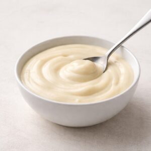 Besciamella fatta in casa cremosa e vellutata in ciotola bianca con cucchiaio