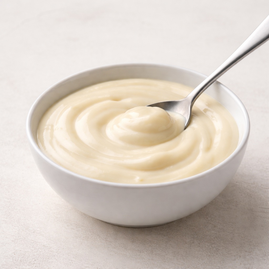 Besciamella fatta in casa cremosa e vellutata in ciotola bianca con cucchiaio