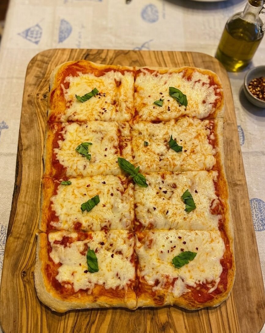 Pizza in teglia fatta in casa con mozzarella filante e basilico fresco
